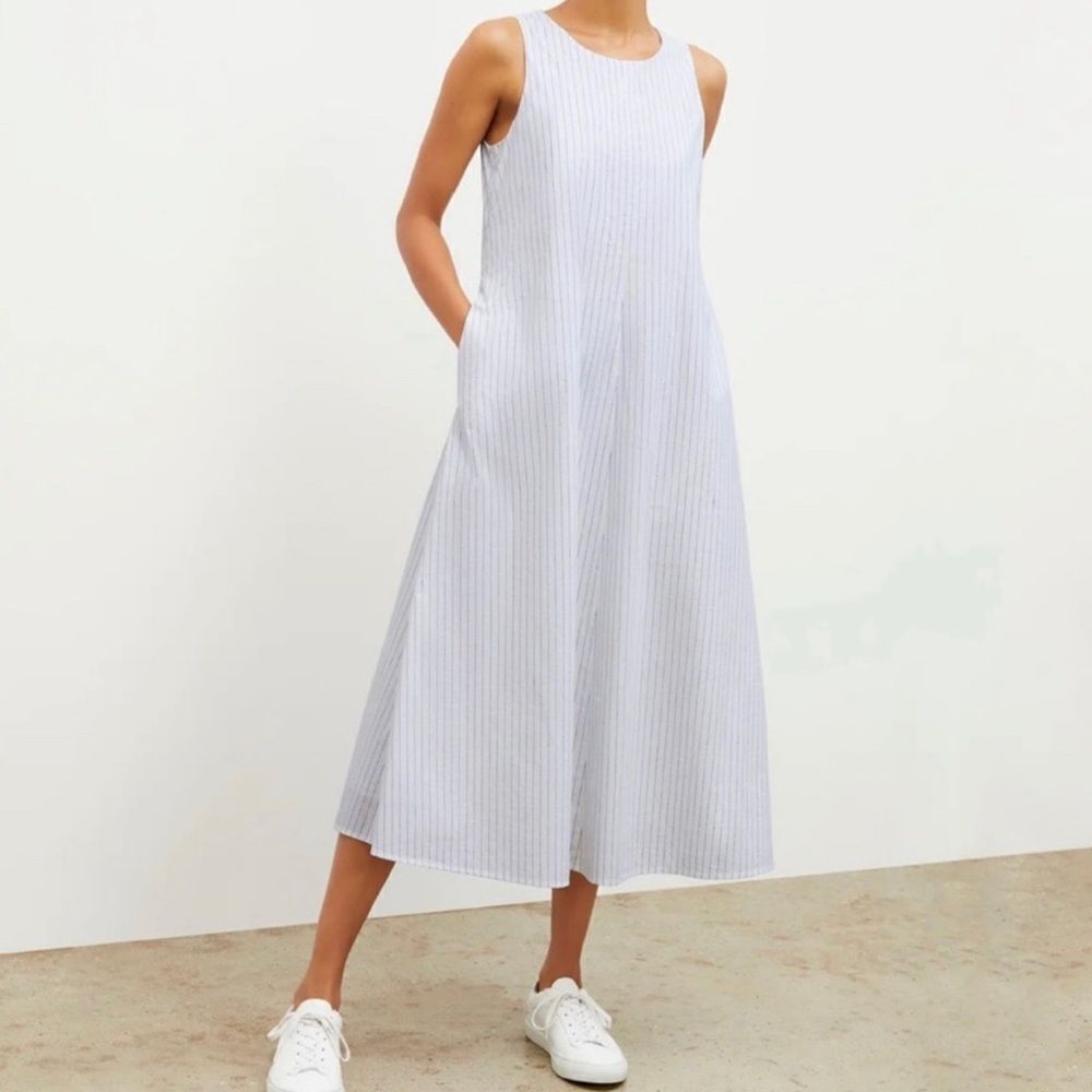 MM LaFleur The Fatima Dress Poplin Pin Stripe Blue Midi Dress Sz S Sleeveless